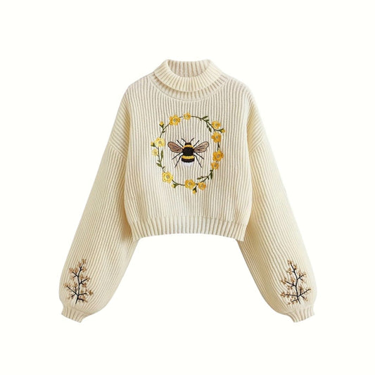 Animal Embroidered Turtle Neck Sweater