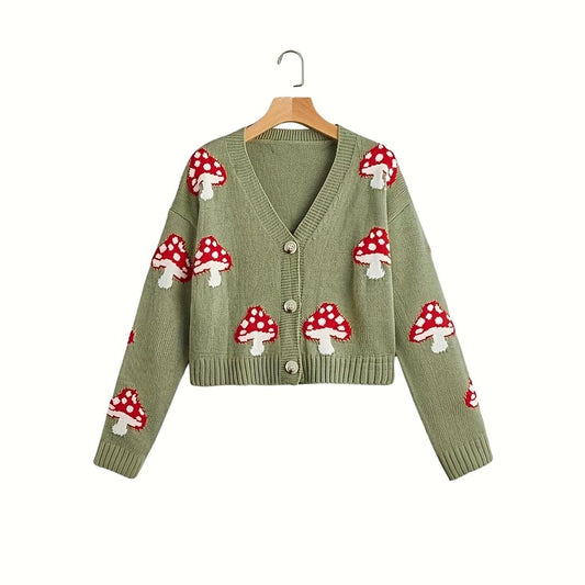 Mushroom Pattern Button Front Sweater