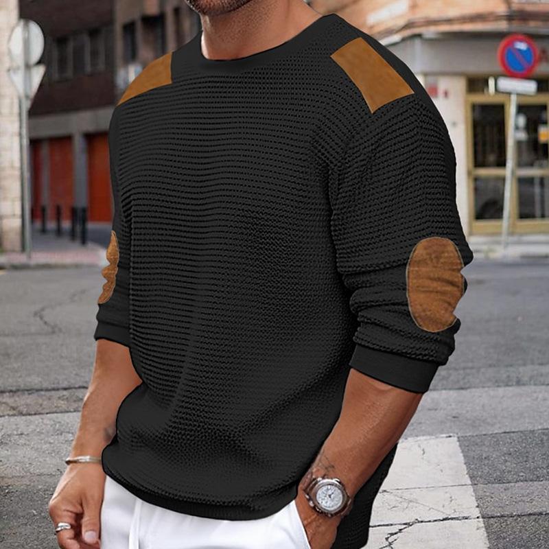 Men's Casual Round Neck Long Sleeve Patchwork Slim Pullover Knitted Sweater