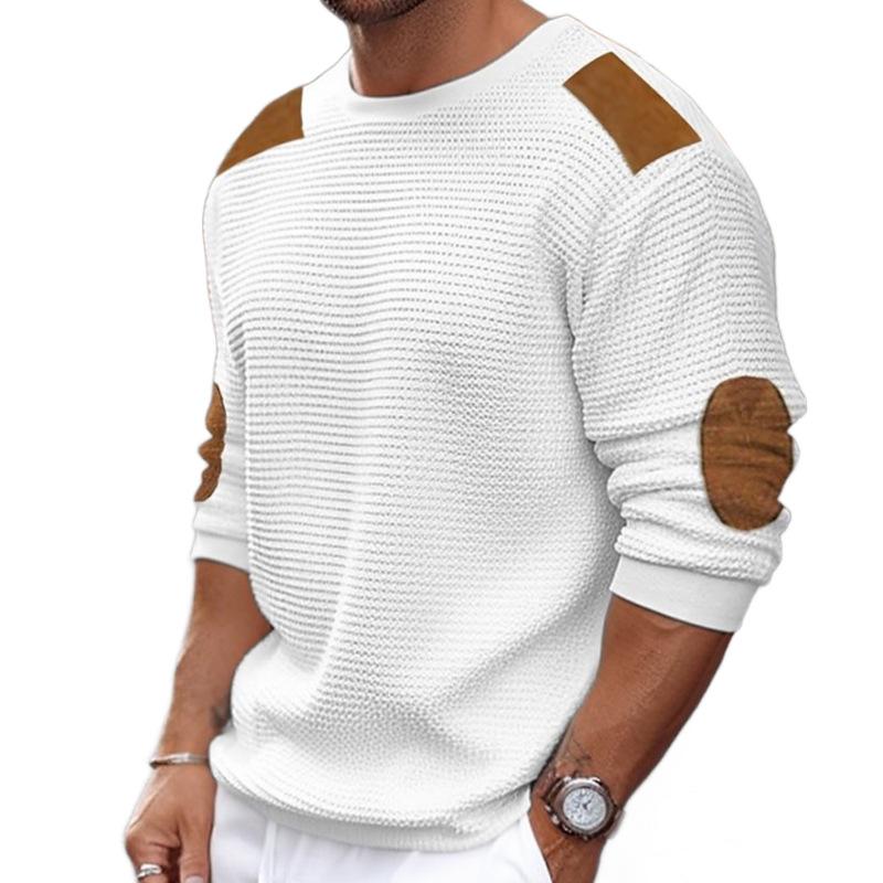 Men's Casual Round Neck Long Sleeve Patchwork Slim Pullover Knitted Sweater