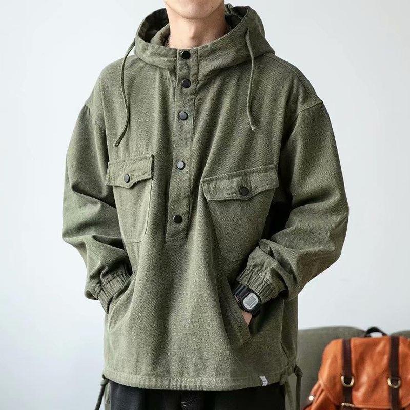 Men's Multi-pocket Solid Color Loose Casual Hoodie